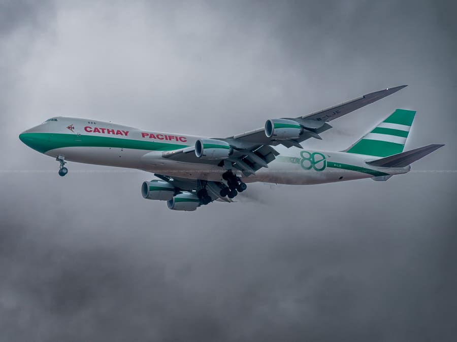 Cathay Cargo 747-8F — 80th Anniversary livery on finals, B-LJE — aviation photography by Mach One Aviation