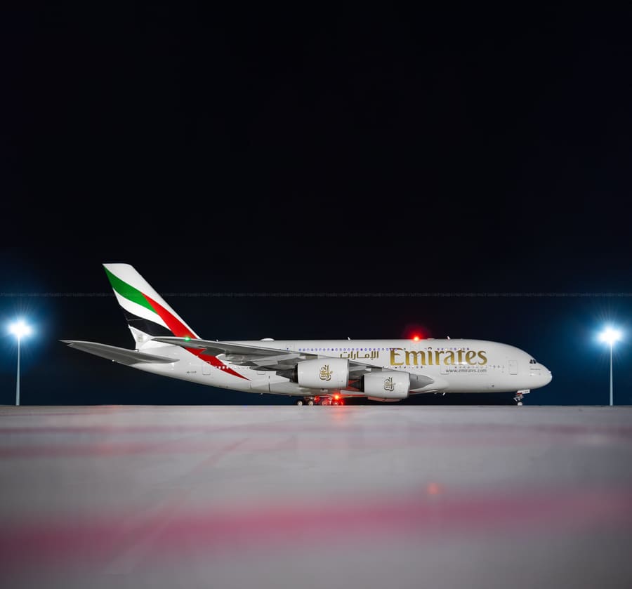 Emirates A380 — On the Ramp — Night profile on its first visit, VOBL · Bengaluru — aviation photography by Mach One Aviation