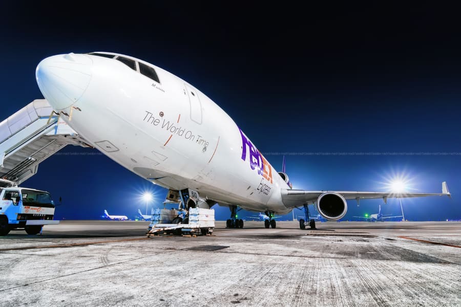 FedEx MD-11 — Nose ballast on stand, 2021, VOBL · Bengaluru — aviation photography by Mach One Aviation